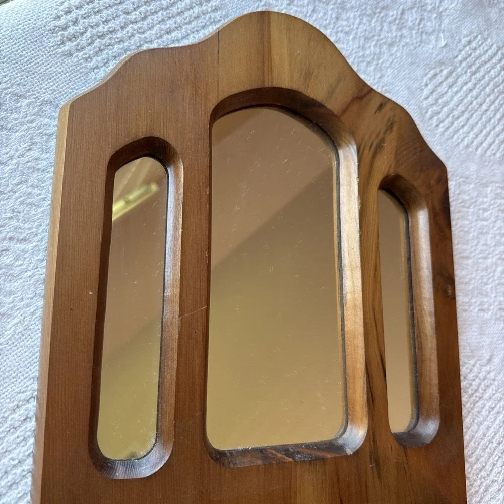 Vintage Wooden Triple Mirrored Wall Shelf Cottagecore Rustic